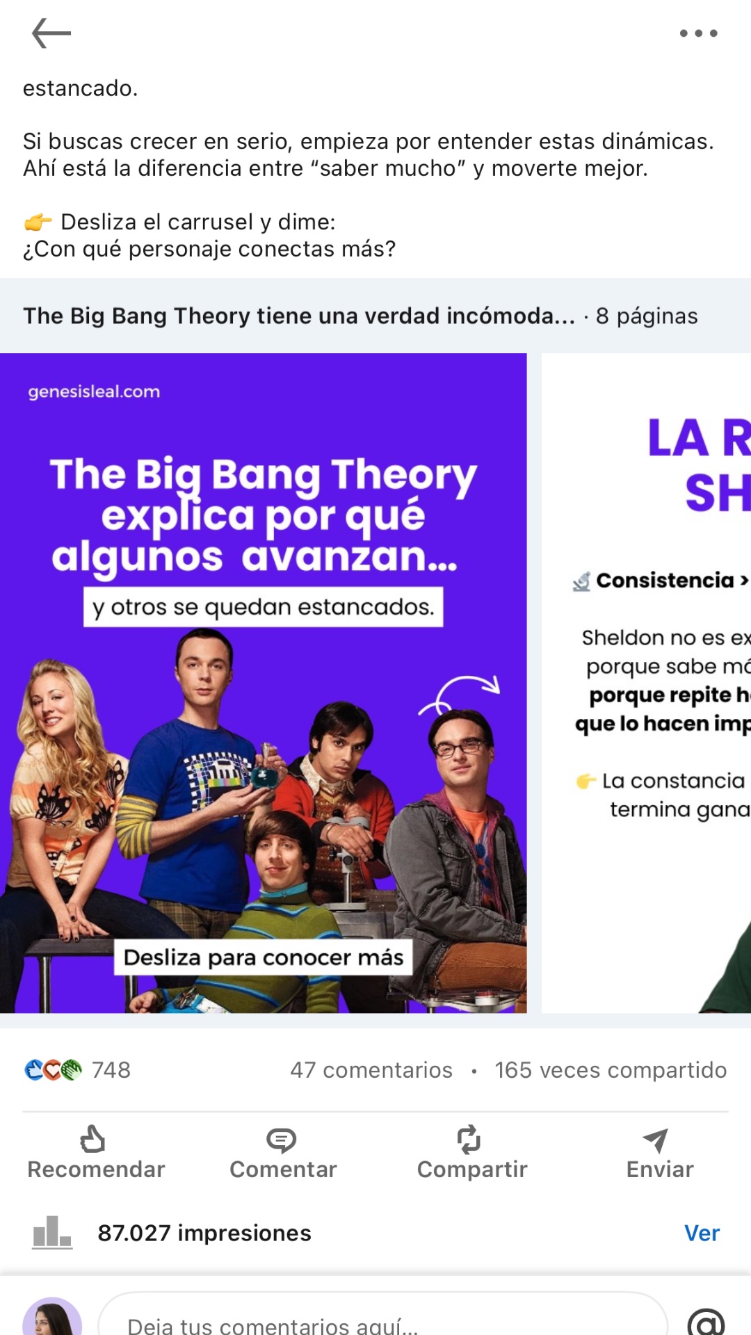 Publicado en LinkedIn · +87K impresiones · 165 compartidos